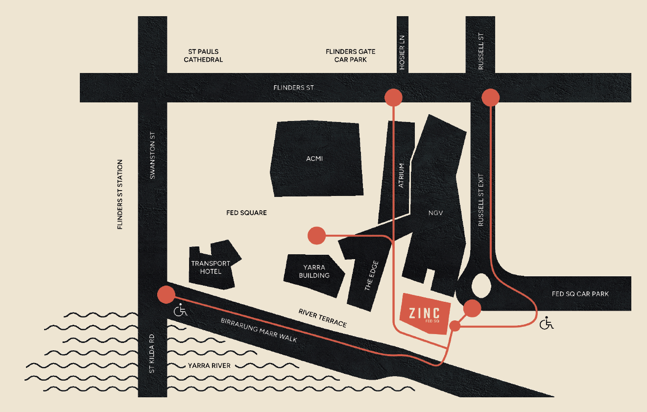 ZinC - Fed Square - Melbourne Venue Map - How to get there