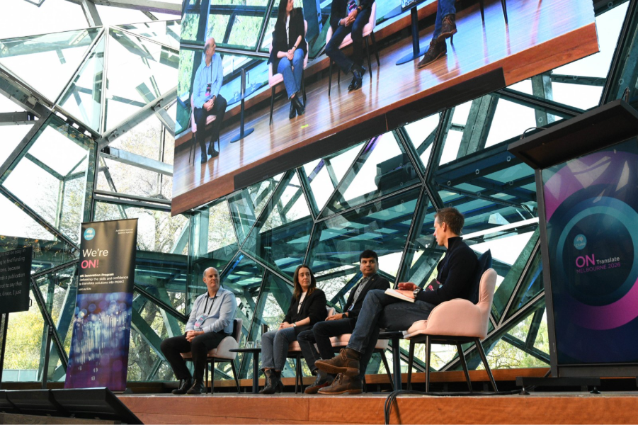 David Ireland, Sharath Sriram, Chief Scientist of Western Australia, alongside James Bradley, a two-time deep tech founder and Grace Bird, head of Atmosphere fund at Main Sequence in a panel at ON Translate in Melbourne