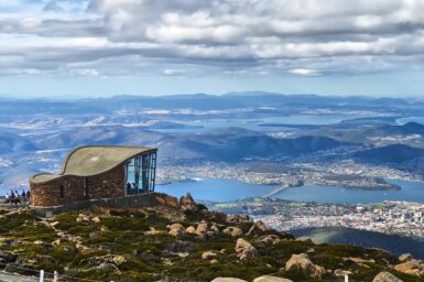 Looking from the The summit of kunanyi/Mount Wellington, down across Hobart, Tasmania, Australia.